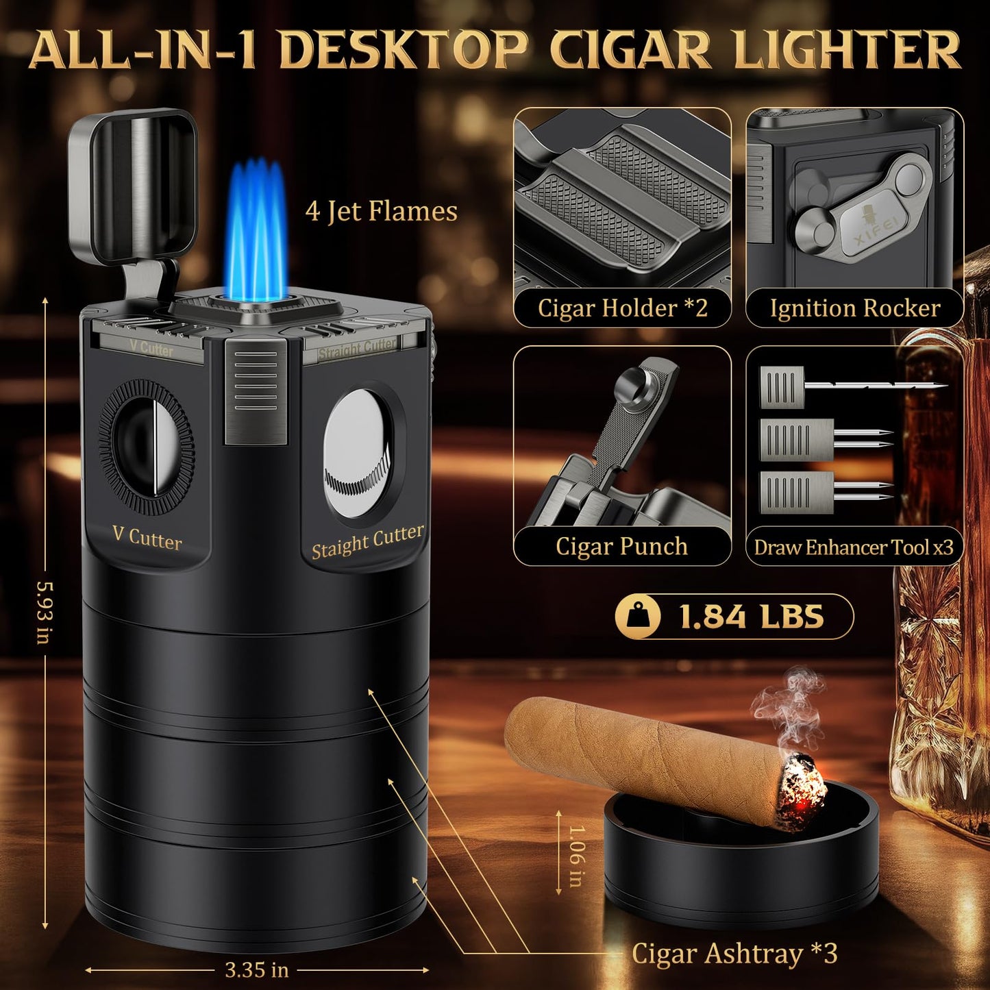 XIFEI 8-in-1 Desktop Cigar Lighter Kit, 4 Jet Flame Torch Lighter with V Cutter Guillotine, Punch, Holder, 3 Draw Enhancer Tools, 3 Ashtrays, Cigar Accessories for Home, Office, Bar & Gifts (Black)