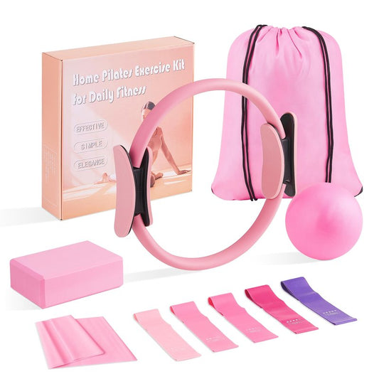 Daywhote Pilates Kit at Home 10PCS Pilates Equipment with 11.81Inch Pilates Ring 9.8Inch Ball 5PCS Stretching Strap Risistance Bands Block Gym Bag