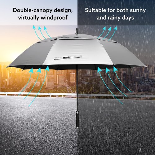 G4Free Vented UV Golf/Beach Umbrella 68" Arc, Auto Open Oversize Extra Large Windproof Sun Shade Rain Umbrellas(Silver/Black)