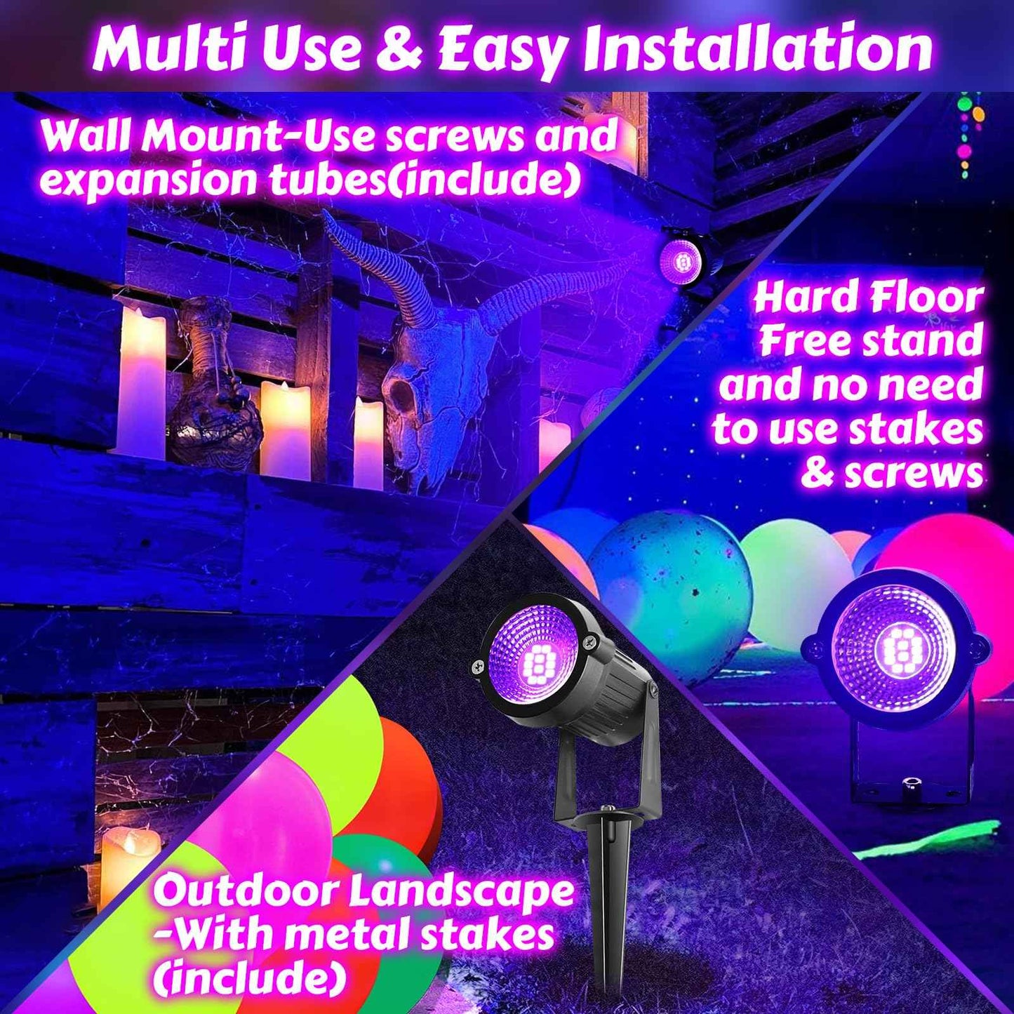 8 Pack Black Lights, IP66 Flood Light 15W LED Blacklight Glow Party Outdoor Spotlight with On/Off Switch + Plug + Metal Stakes for Landscape Lighting, Xmas, Body Paint, Fluorescent Poster, Halloween