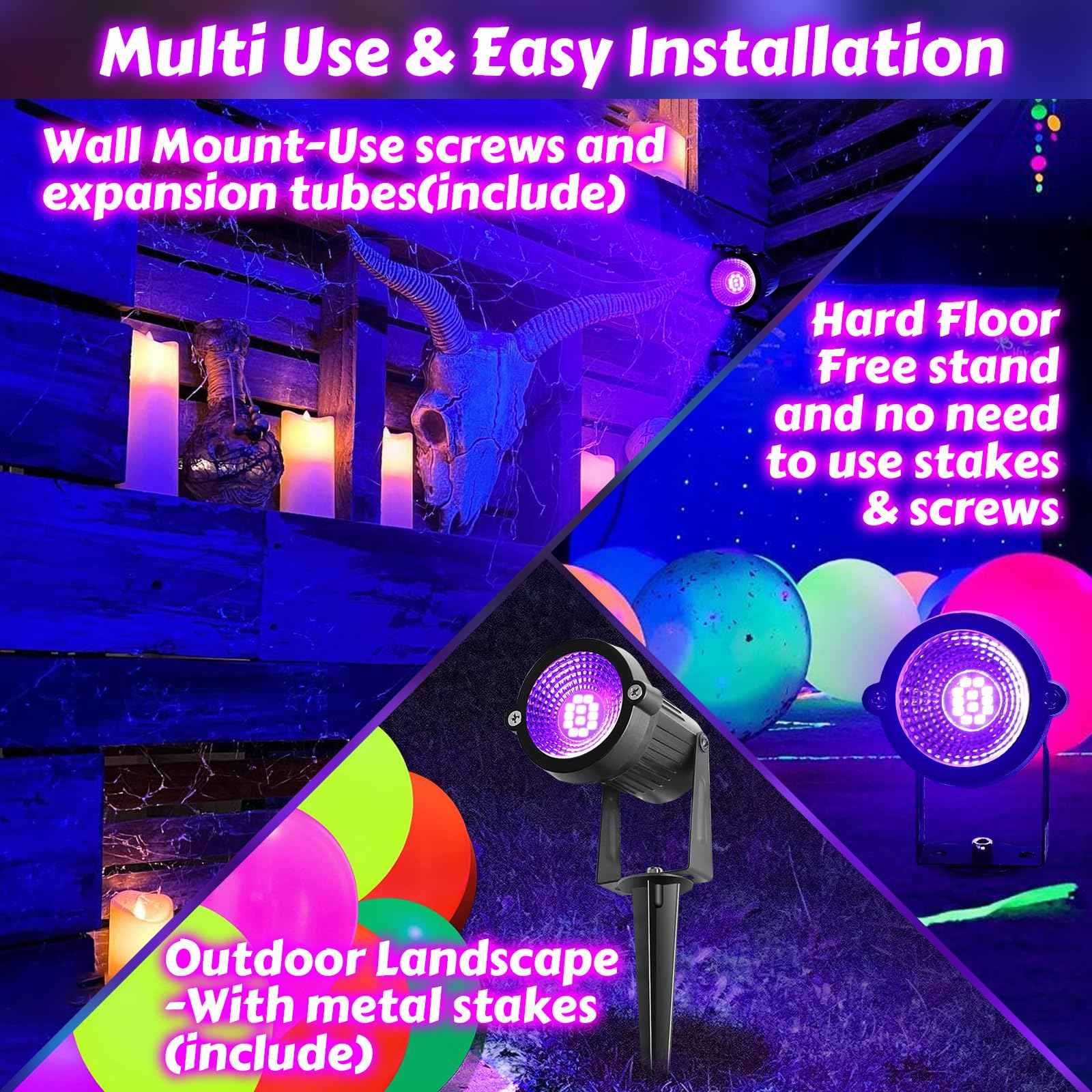 8 Pack Black Lights, IP66 Flood Light 15W LED Blacklight Glow Party Outdoor Spotlight with On/Off Switch + Plug + Metal Stakes for Landscape Lighting, Xmas, Body Paint, Fluorescent Poster, Halloween
