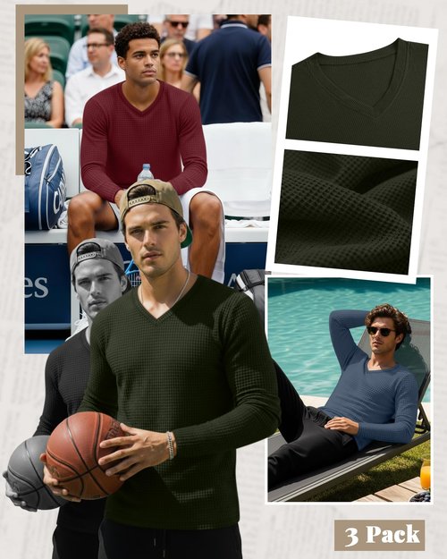 Ficerd 3 Pack Men's Waffle Thermal Long Sleeve Shirts V Neck Underwear Tops Casual Knit Undershirts Pullover Sweaters(Haze Blue, Burgundy, Dark Army Green,X-Large)