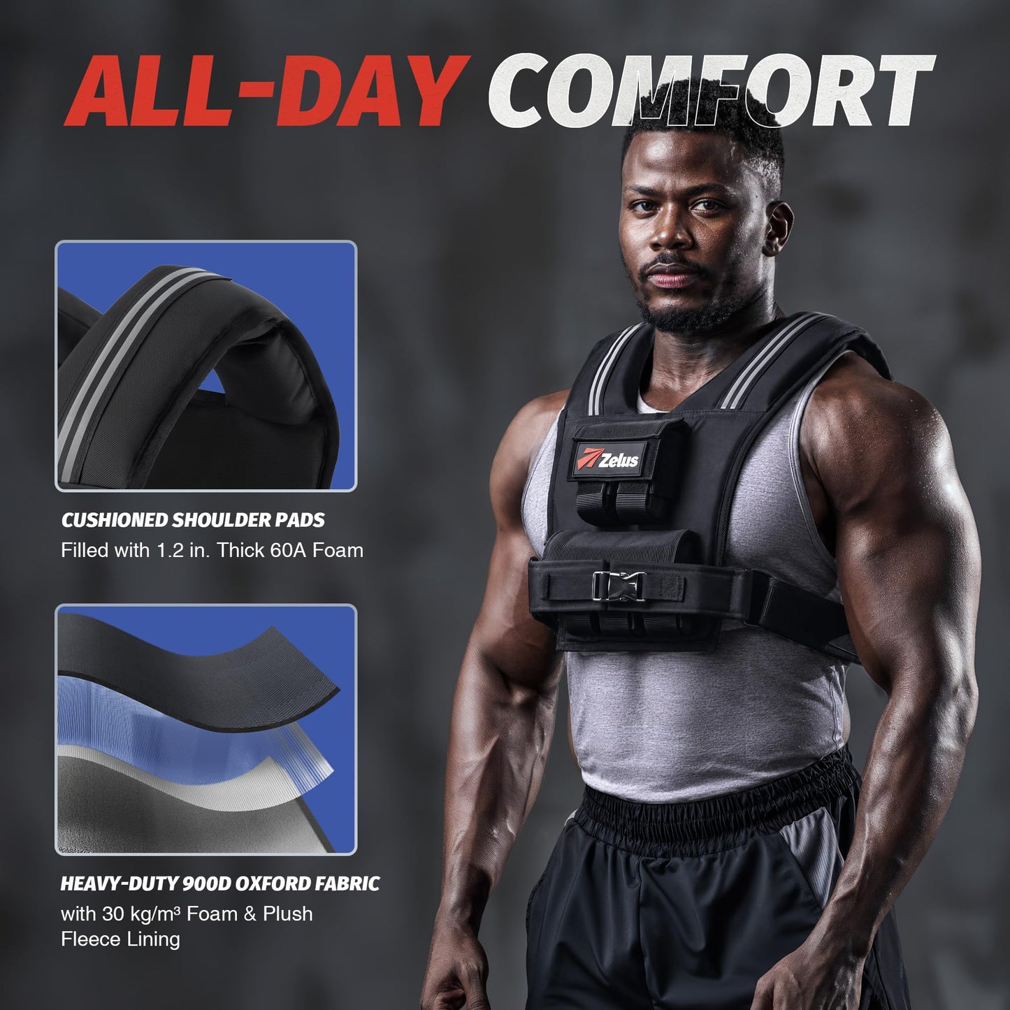 ZELUS Weighted Vest Men, 23lbs/36lbs/45lbs Adjustable Weight Vest with 10/16/20 removable Iron Weights and Reflective Strips, No-Bounce Design for Strength Training, Running, HIIT & Calisthenics