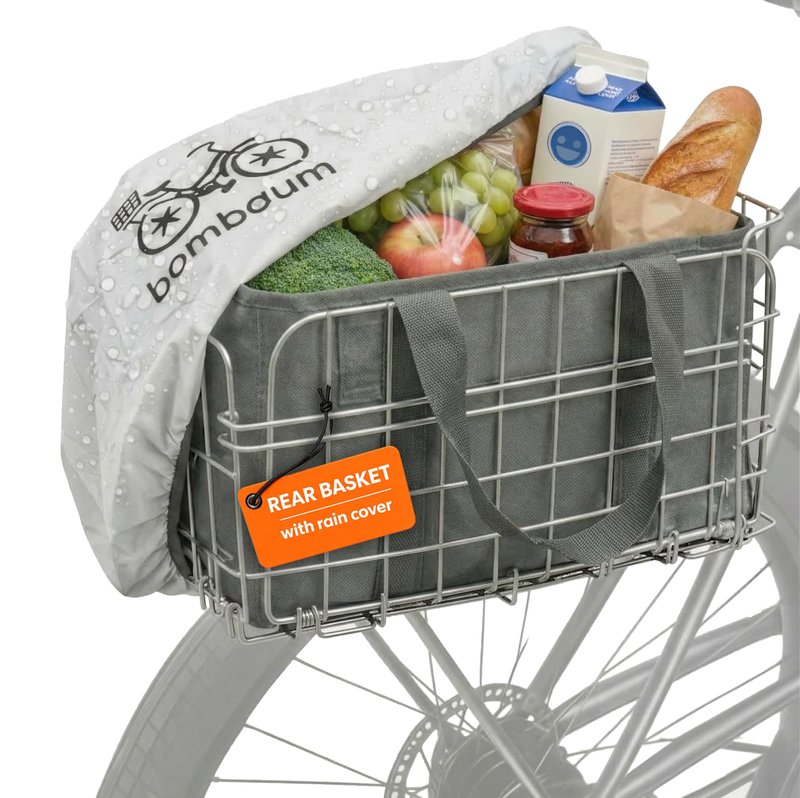 BOMBAUM Rear Bike Basket with Waterproof Cover – Heavy-Duty Collapsible Bicycle Cargo Basket, Tool-Free Rear Rack Mount, 58 lb Capacity for Grocery, Commuting & Ebikes (Charcoal Gray Liner)