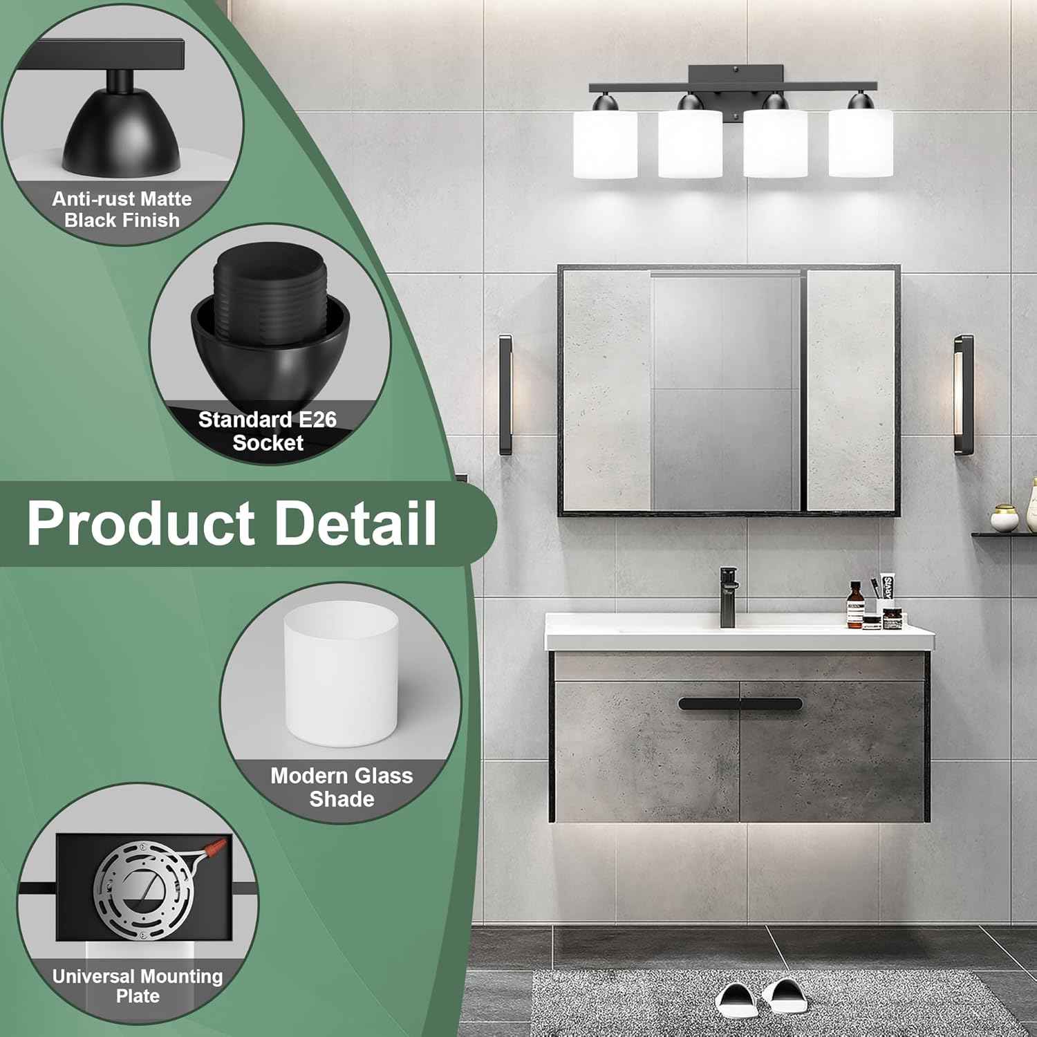 Modern 4-Light Bathroom Vanity Light Fixture - Anti-Rust Over Mirror Sconce with Milky White Glass Shades, E26 Base