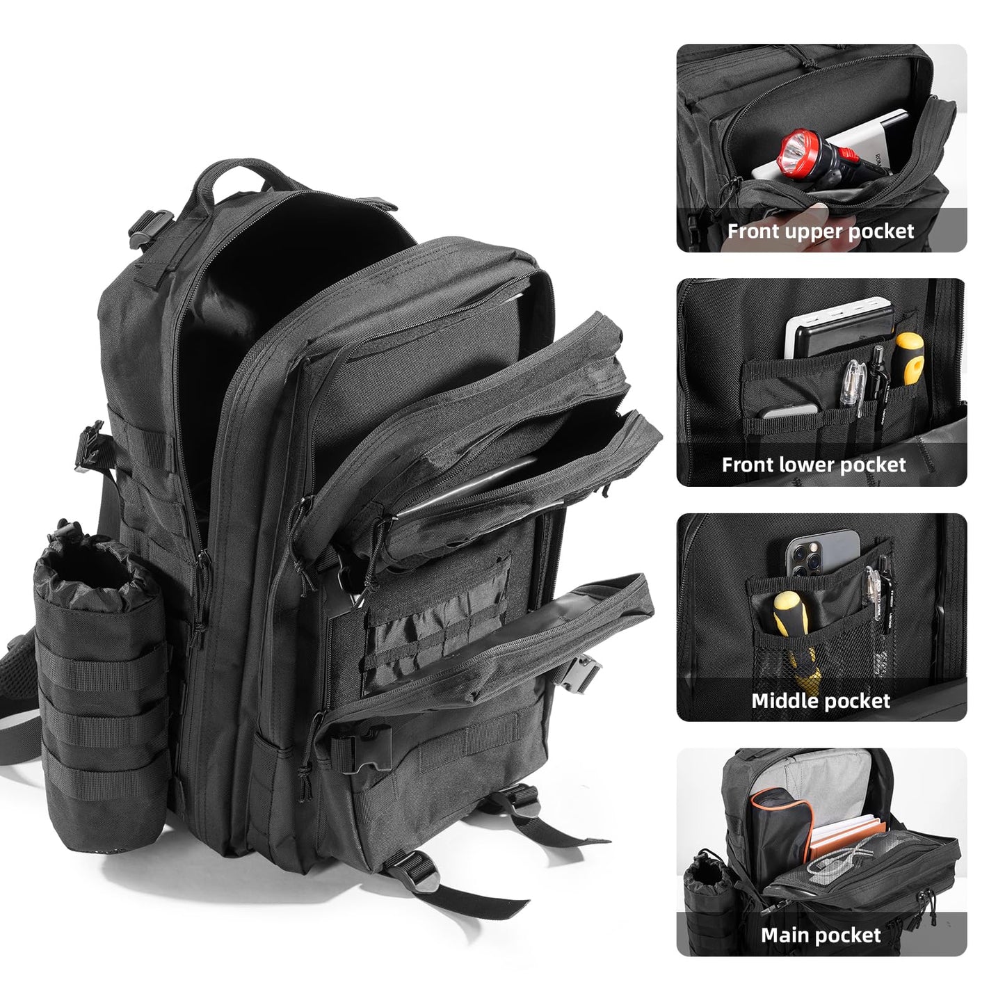 Jugbey Military Tactical Backpack for Men 45L Large Waterproof Army 3 Days Assault Pack Molle Bag Backpacks for Trekking,Camping,Hunting,Hiking (Black)