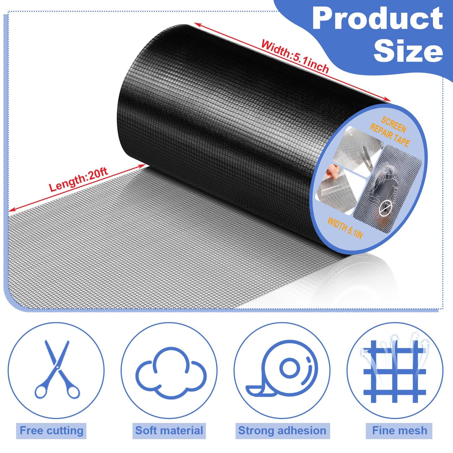CroBlissful Extra Wide 5 inch x 20 ft Window Screen Tape Mesh Repair Strong Adhesive Waterproof Fiberglass Screen Repair Kit Patch for Window Door Tears Holes(Black)
