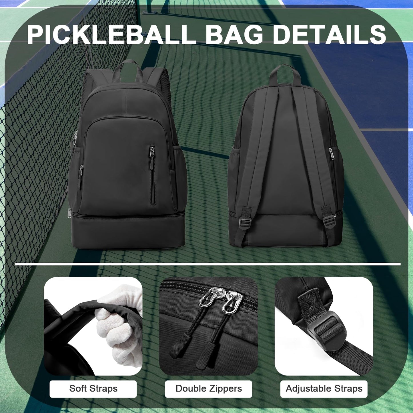 wassdins Pickleball Backpack for Women Men, Gym Back Pack with Shoe Compartment, Pickleball Bag Fits 2 Pickle Ball Paddles & Gear, Racket Backpack with Water Bottle Holder, Dry/Wet Pocket