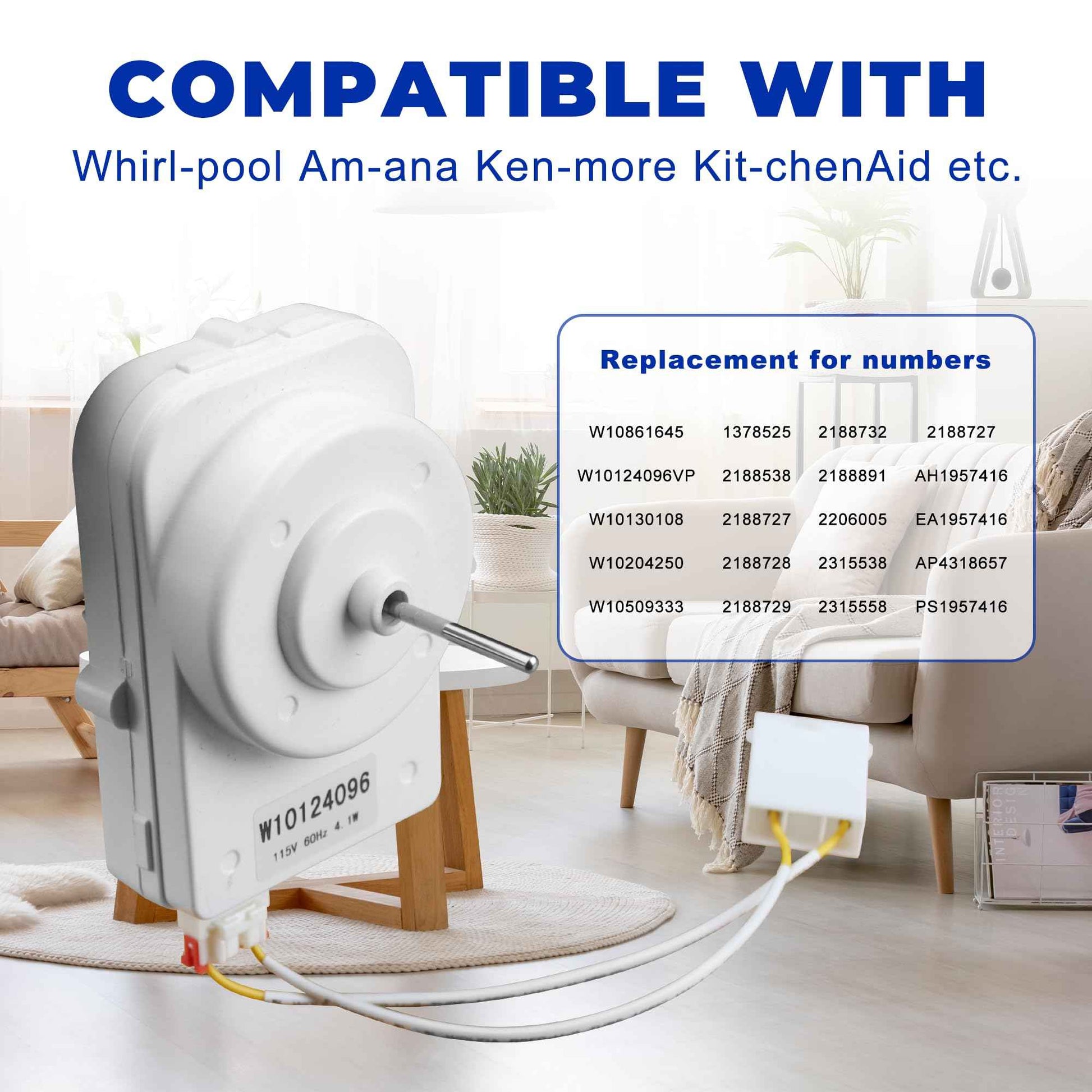 W10124096 W10130108 W10204250 Refrigerator Condenser Fan Motor Kit - Compatible with Whirlpool, KitchenAid & Kenmore, with Motor, Blade, Harness & Hardware,Replace 2188727 2188538