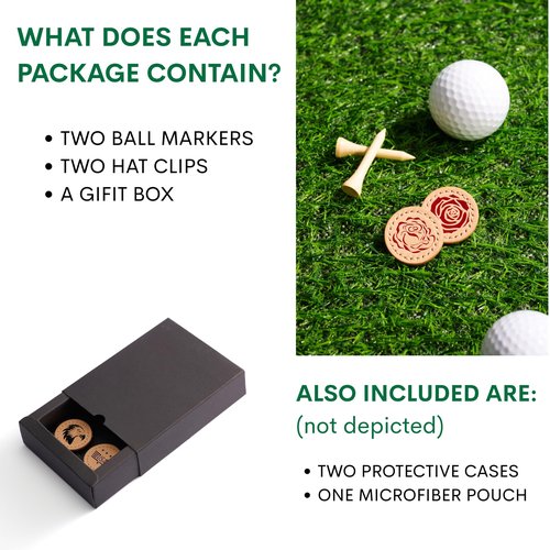 Kumi Living Handmade Golf Ball Markers for Men and Women Foil Debossed with Vegetable Tanned Genuine Leather Valentine's Day Gift for Golf Lover Set of 2, Hat Clips Included, Magnetic (Rose and Rose)