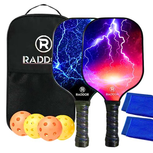 R Raddor Premium Pickleball Paddles Set of 2, Presenting Honeycomb Core with stratified Layers of Fiberglass Lightweight and High end Grip, with 4 Pickleballs, 2 Cooling Towels & 1 Bag Pickleball Set