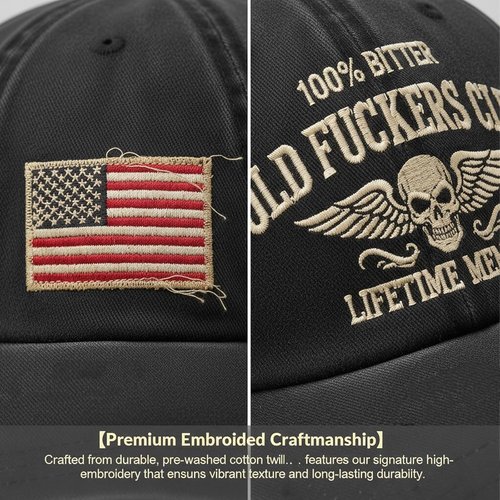 Old Fuckers Club-Vintage Baseball Cap, Hand-Embroidery Adjustable Wash Old Fuckers Club100% Bitter Lifetime Member Hat Black
