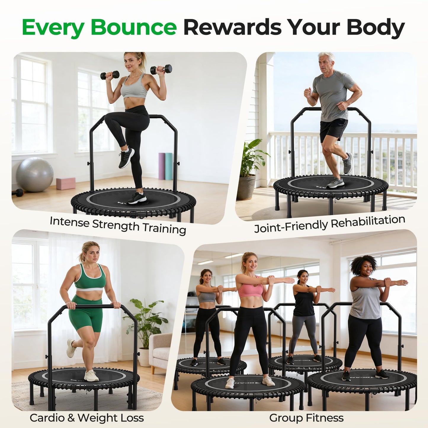 BCAN BT2 450/550LBS Mini Rebounder Trampoline for Adults with Bar, Fitness Trampoline with Bungees, Adjustable Handle, Stable & Quiet, Indoor Outdoor, Whole-Body Workout & Relaxation at Home-48IN-SLV