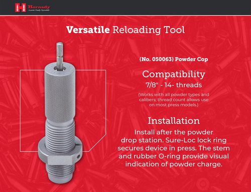 Hornady Powder Cop – Install on Your Progressive Press, Automatically Checks Dropped Charges – Works with All Powder Types and Cartridges – Item 050063