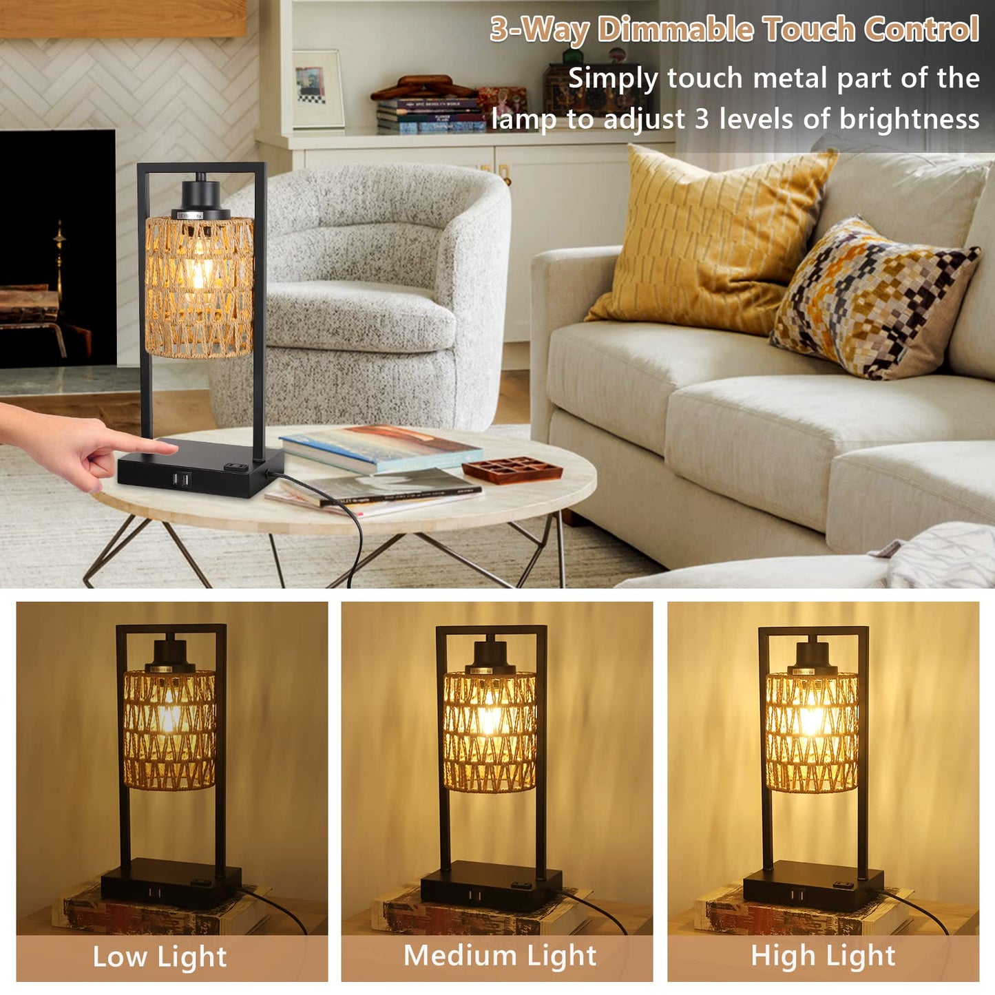 Stepeak Farmhouse Rattan Table Lamps Set of 2, Boho Touch Control Bedside Nightstand Lamp with 2 USB Ports&AC Outlet, Dimmable Desk Lamp for Bedroom Living Dining Room Credenza (LED Bulbs Included)