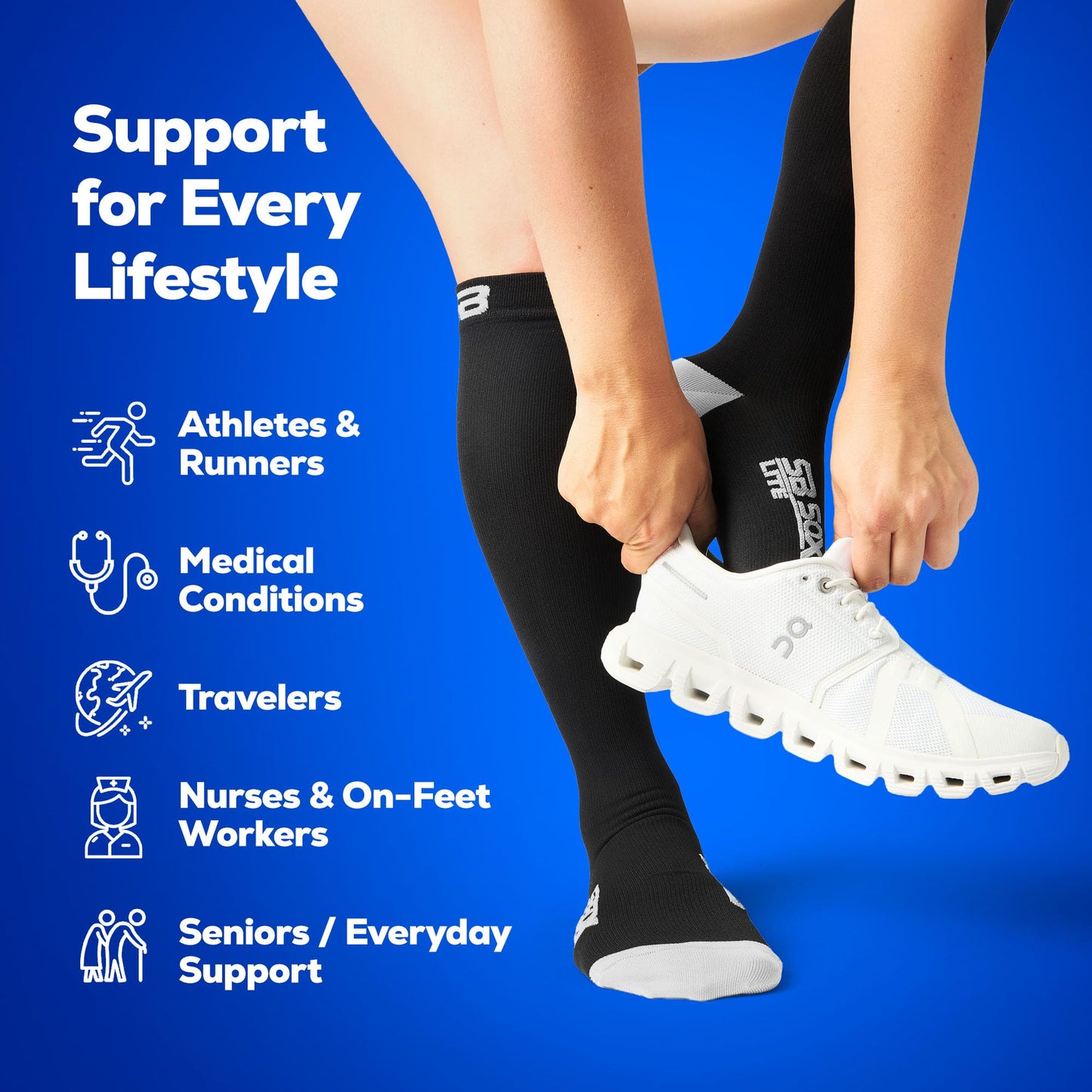 SB SOX Lite Compression Socks for Men & Women (15-20mmHg) – Best Compression Socks for Flying, Medical, Sports, Wide Calf Fit, and Daily Wear (Black/Gray, XXL)