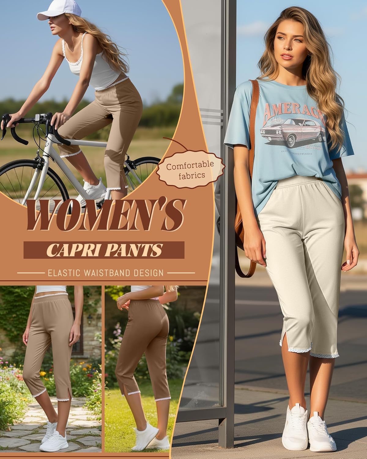 Oakgarden Women's Capri Leggings - Lace Trim Split Hem, Stretchy & Comfortable | 3-Pack Summer Casual Pants