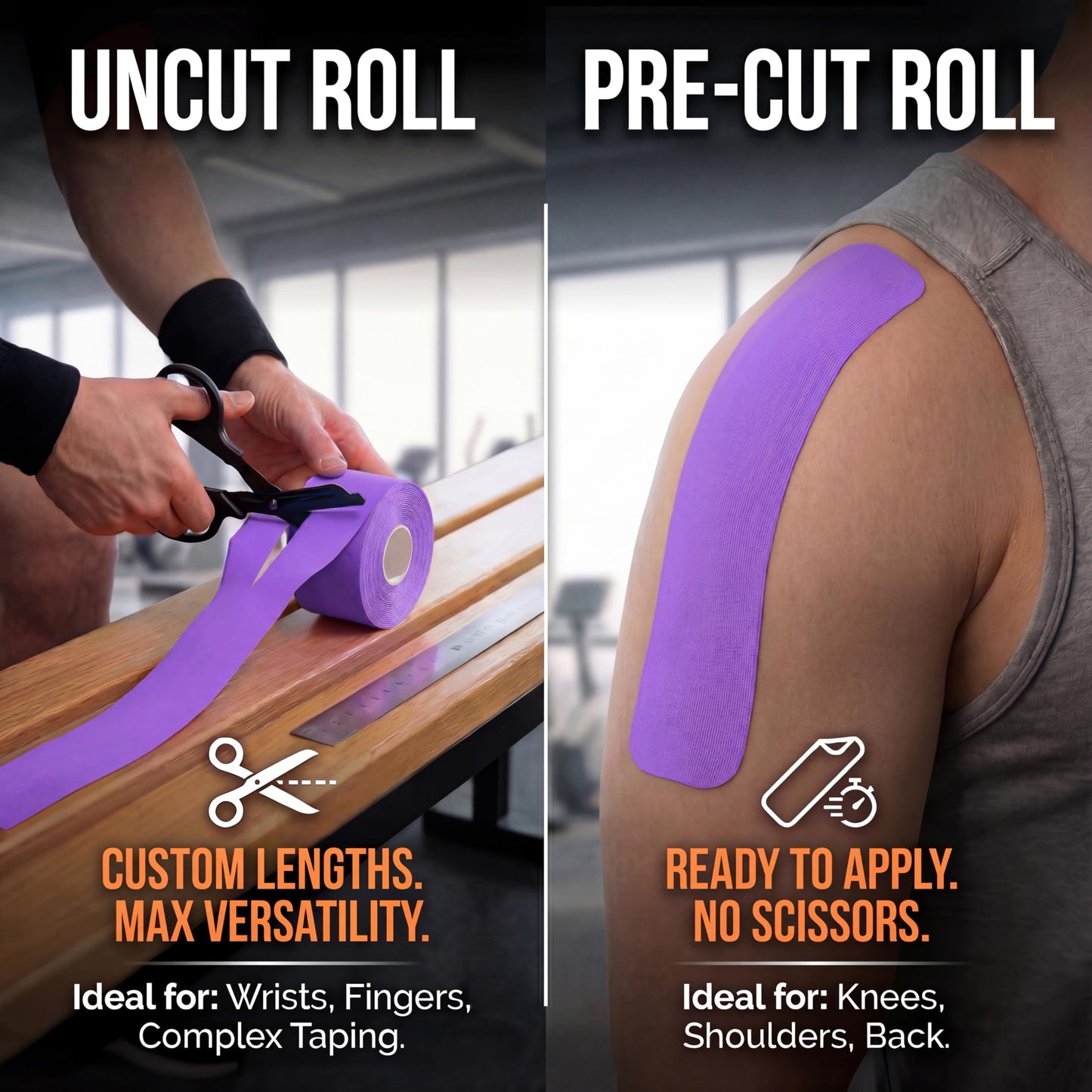Kinesiology Tape - Waterproof Athletic Sports Tape for Knee, Shoulder, Arm & Back Support | 3-5 Day Adhesion, Hypoallergenic & Latex-Free + Taping Guide (Precut, 2"x16.4ft Roll, Indigo Purple)