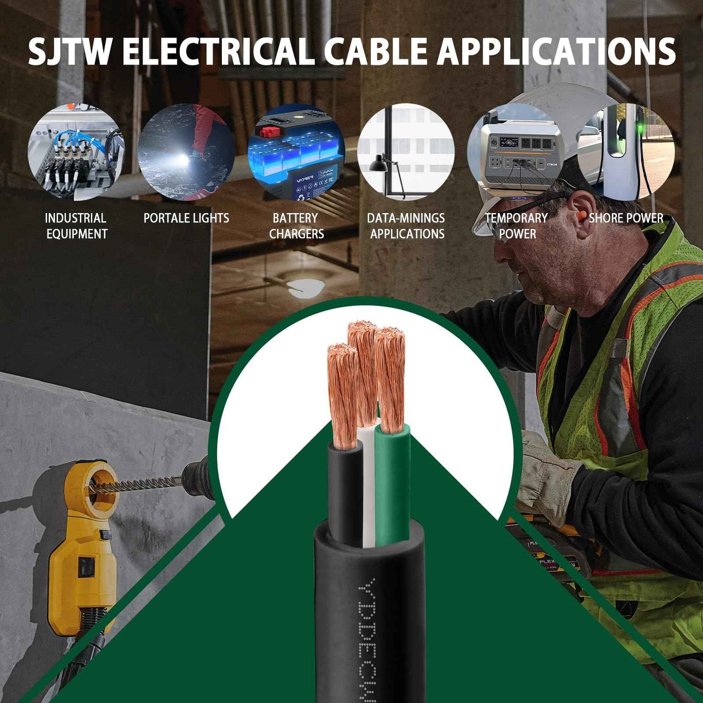 YDDECW 50ft 10/3 10 AWG SJTW 300V Wire (3 Conductor) - 10 Gauge SJTW Cable with UV-Resistant Jacket for Motor Leads, Battery Chargers and Machine - 3 Conductor - 50 Feet Electrical Wire