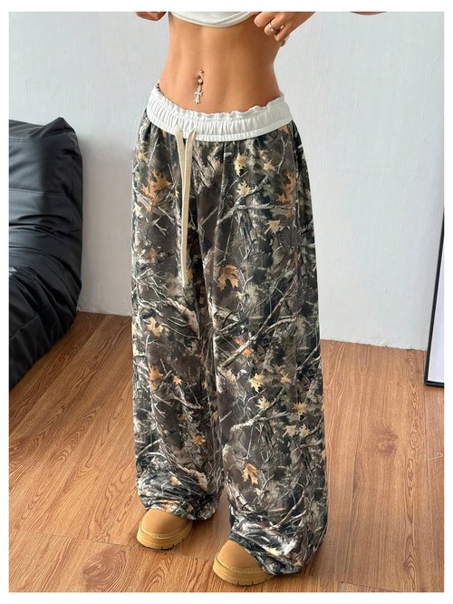 Floerns Women's Tree Print Camouflage Baggy Sweatpants Elastic Waist Drawstring Athletic Pants Green Multi X-Small