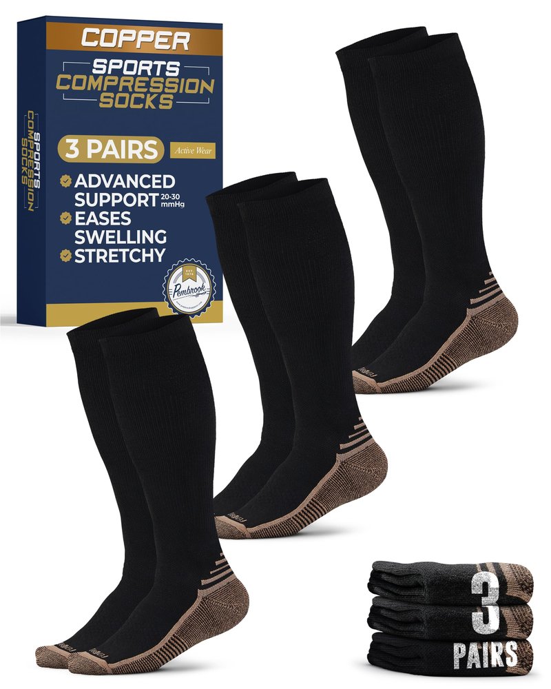 Pembrook 3 Pairs Copper Compression Socks Men 20-30 mmHg, Black Compression Socks, Support for Running Athletic Cycling Hiking, Good for Edema and Varicose Veins/Blk/3