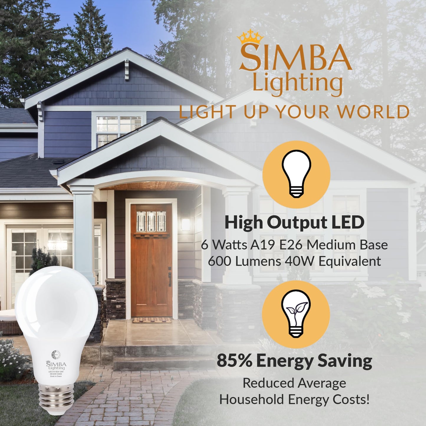 Simba Lighting LED Outdoor Light Bulbs with Photocell Sensor Dusk to Dawn Smart Auto On and Off (2 Pack) A19 6W 40W Replacement for Porch, Night Light, Garage Door, E26 Medium Base, 5000K Daylight
