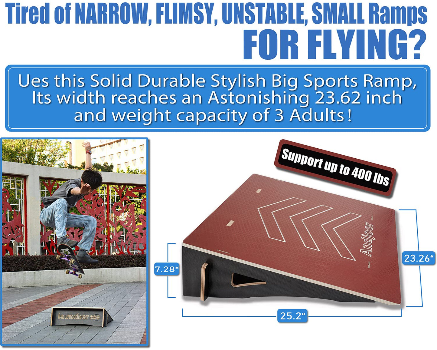 Andjoor Kids Jumping Ramp for Skateboard, Bike, Scooter, BMX, RC Car and Dirt Bike, 25.2 in, Red
