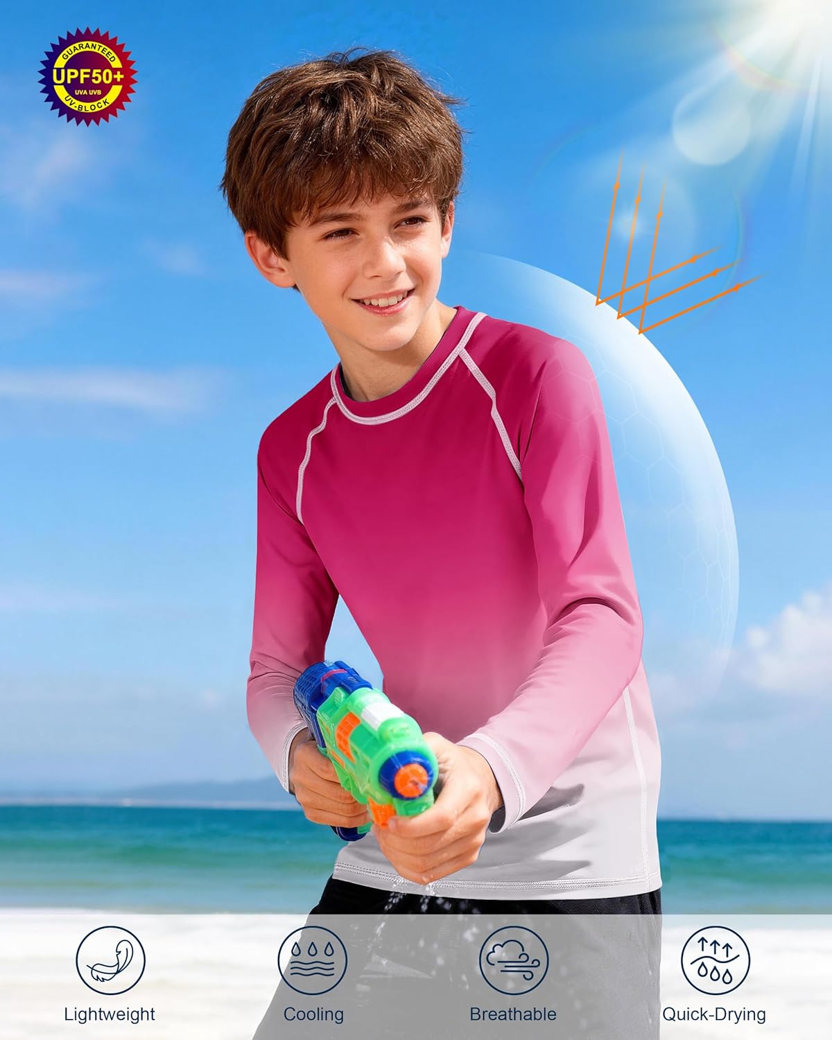 Skiennix Boys UPF 50+ Swim Shirt - Long Sleeve UV Sun Protection Rash Guard | Youth SPF Water Shirts