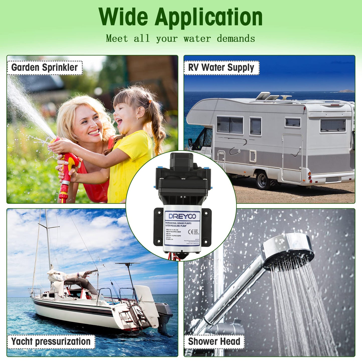 Dreyoo 12V RV Water Pump, 3.5GPM 55PSI Self Priming Automatic Diaphragm Water Pump with Adjustable Water Pressure Switch for RV Marine Yacht Agriculture(12V 55PSI 3.5GPM)