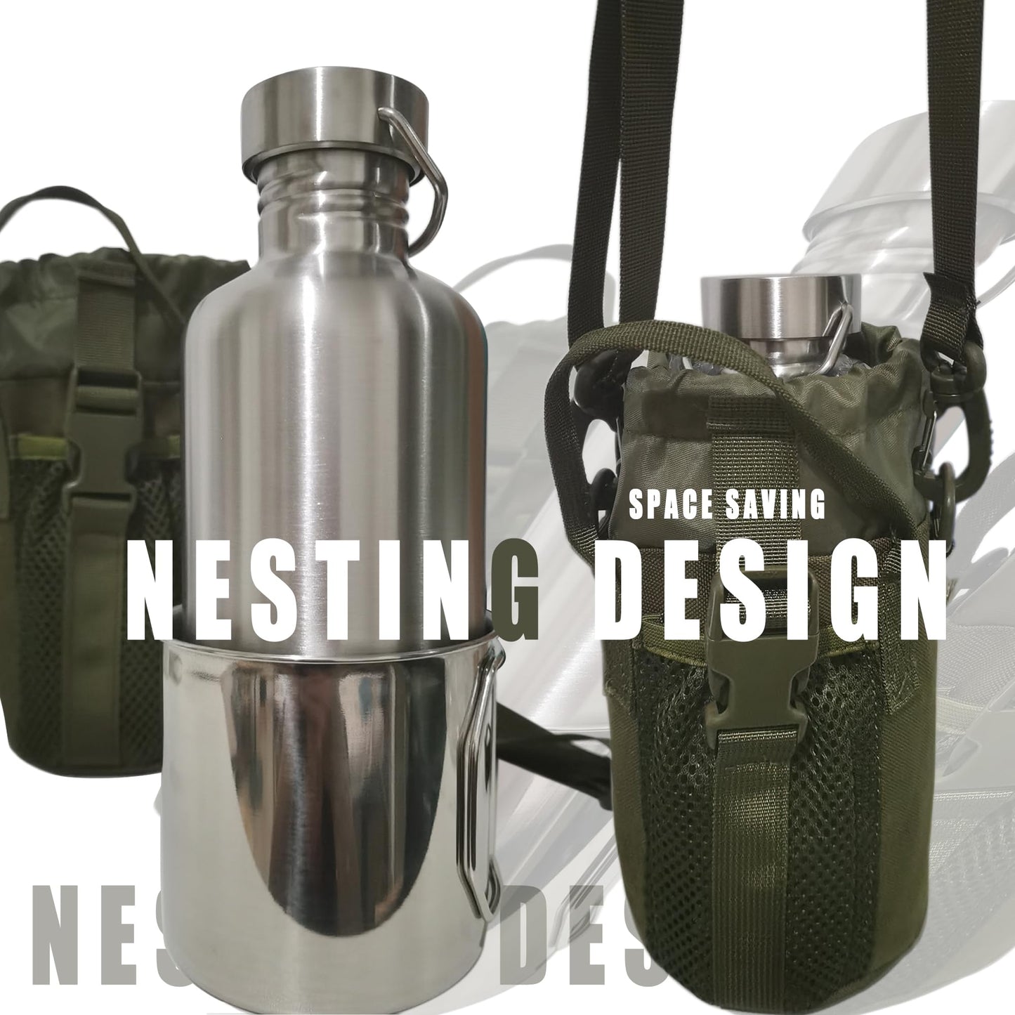 Dumatc Survivor 3-in-1 Outdoor Canteen - 42oz Single Wall Water Bottle with 24oz Nesting Camping Cup & Carrying Bag | 18/8 Stainless Steel | Wide Mouth Design | Outdoor Survival Bushcraft Gear