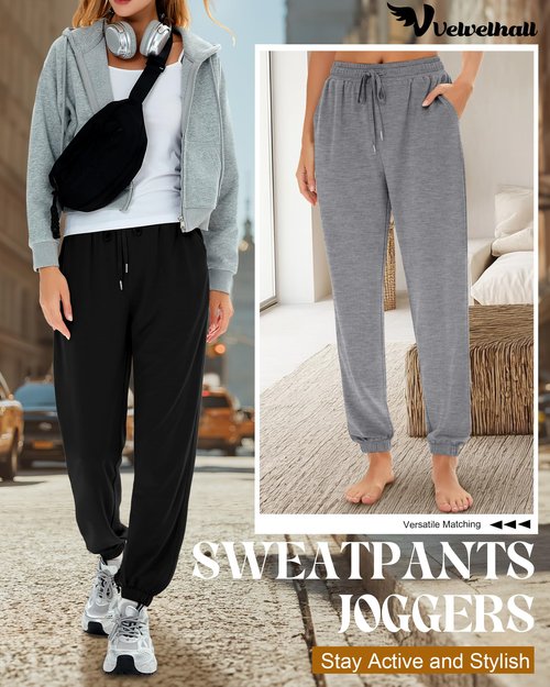 Velvelhall 3 Pack Women's Sweatpants with Pockets, Drawstring Lounge Athletic Joggers Casual Yoga Workout Sweat Pants(Light Heather Gray, Dark Heather Gray, Black,Large)