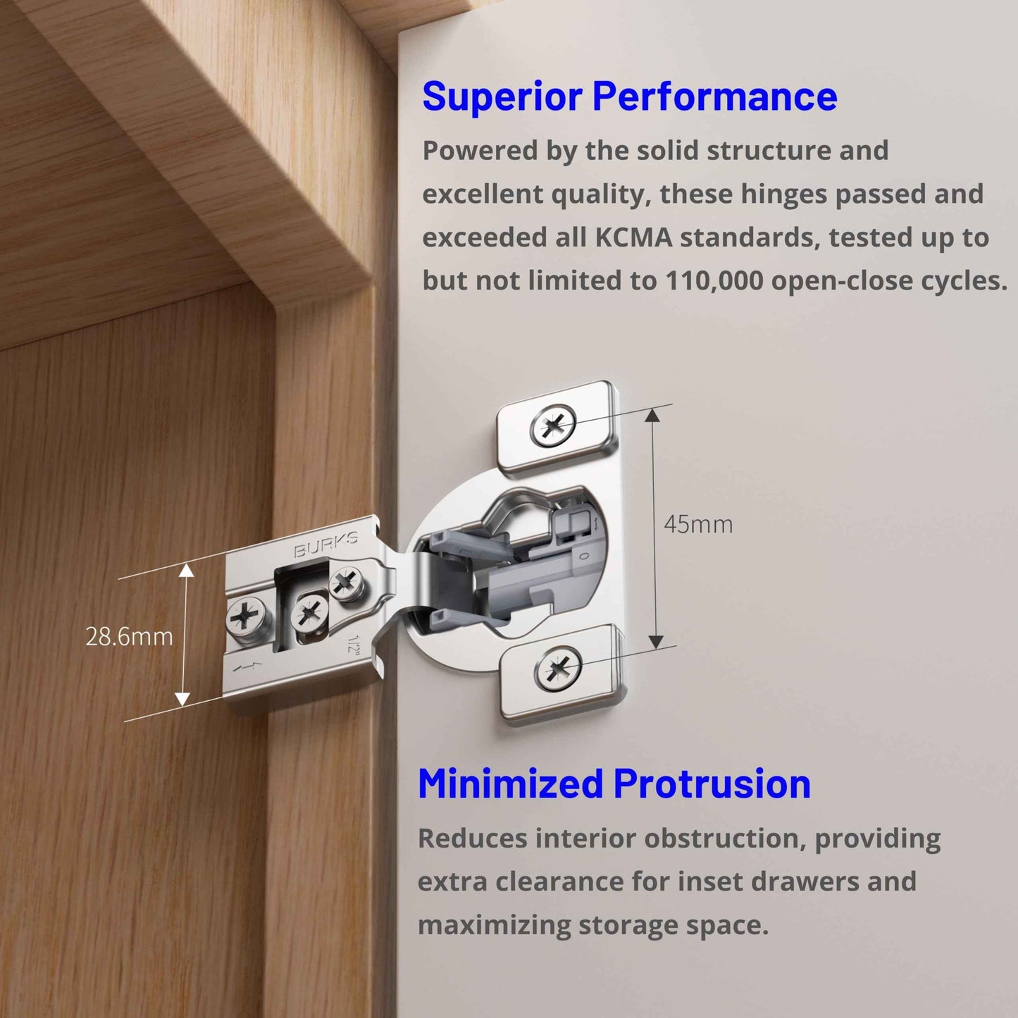 Burks Hinges 10 Pack 1/2'' Overlay Soft Close Hinges for Kitchen Cabinets - Stainless Steel, Anti-Rust, Self Closing Concealed Hinges, Installation Instruction and Screws Included