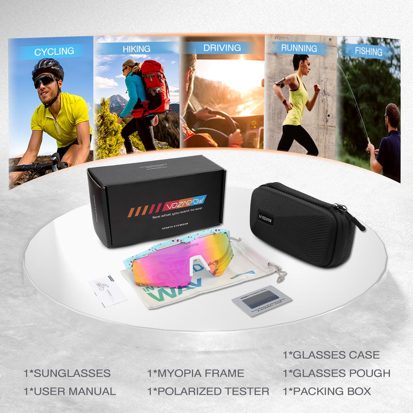 VOZAPOW Sports Sunglasses for Men Women, Polarized Cycling Glasses Baseball Sunglasses UV Protection for Running MTB Softball