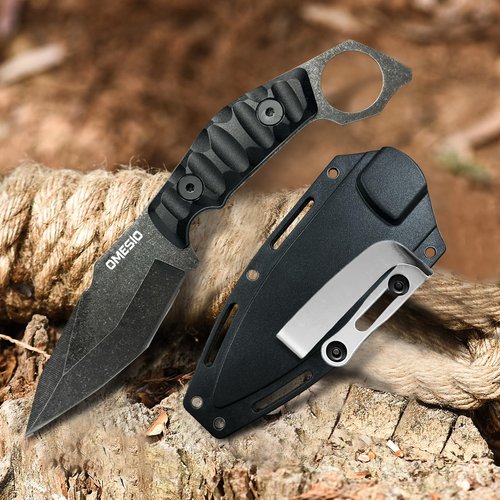 Omesio Fixed Blade Knife with Sheath, 4.13" 420 Stainless Steel Tactical Survival EDC Full Tang Knife for Hunting Hiking Men, ABS Anti-Slip Handle, Ideal for Gifting, Full Black