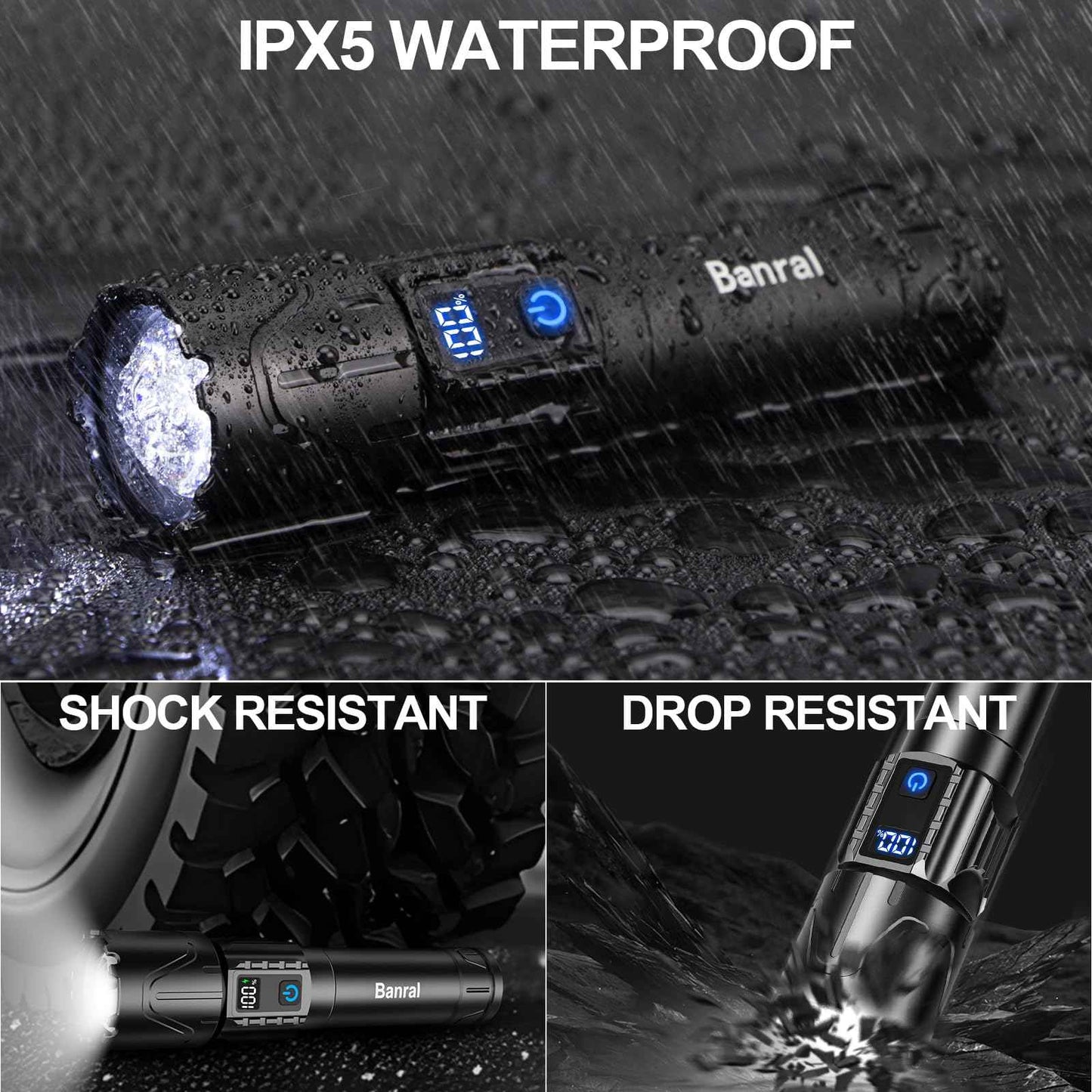 Banral Rechargeable Tactical Flashlights High Lumens - 5000mAh Super Bright LED Powerful Flash Light, Waterproof Handheld USB C Flashlight for Home,Car,Camping,Emergencies,5 Modes,Zoomable (1, Black)