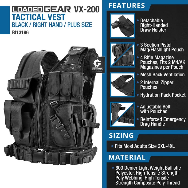 Barska Loaded Gear VX-200 Tactical Vest, Plus Size, Right-Handed, Black – Adjustable, Durable, and Multi-Pocket Design