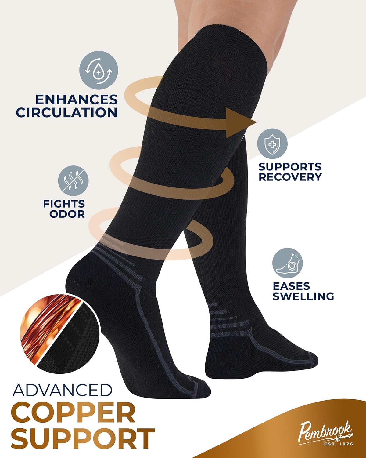 Pembrook Copper Compression Socks for Men - 20-30 mmHg | Ideal for Running, Hiking & Travel
