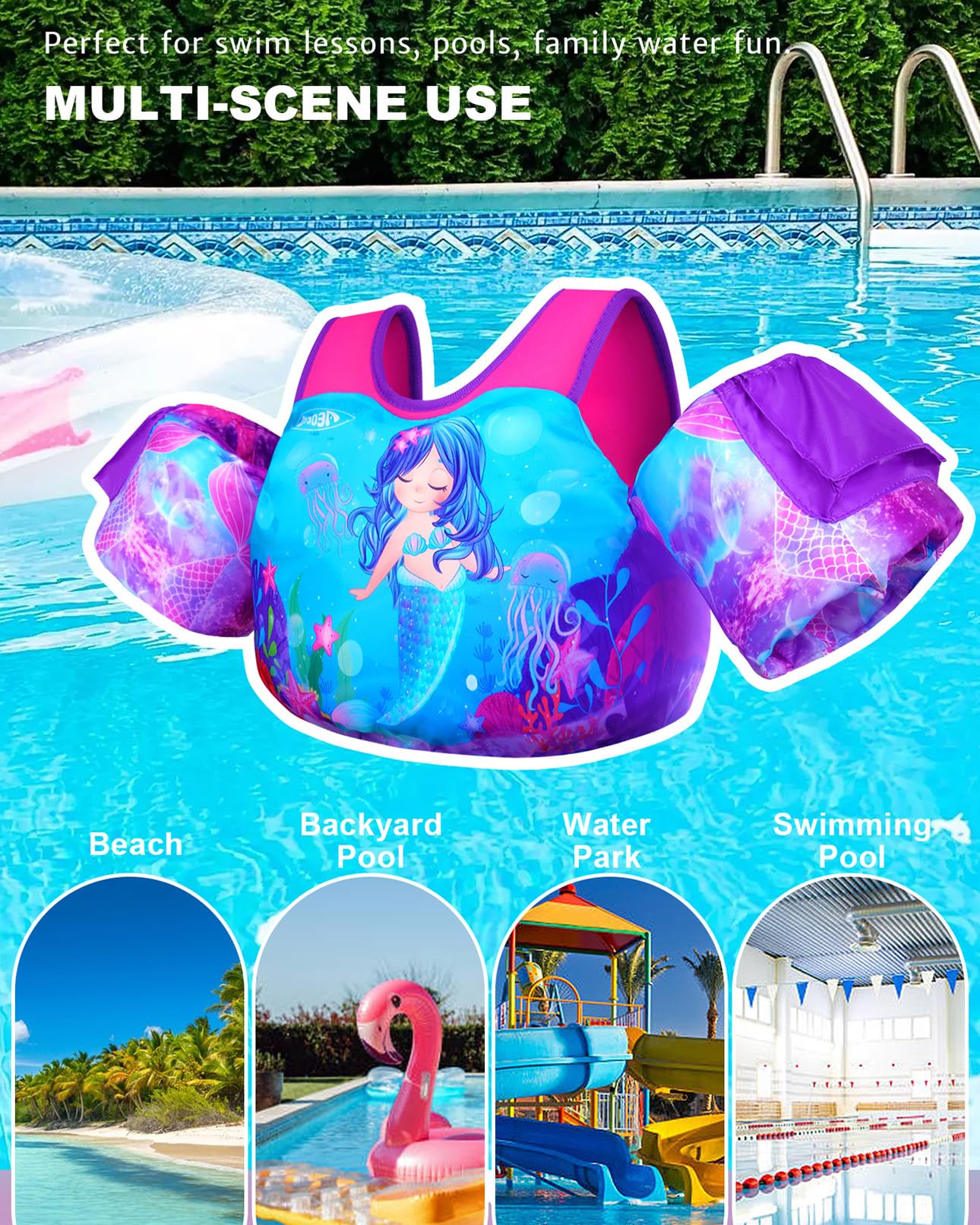 AEOCOO Puddle Float Jumper 30-50-60-70 Pounds, Toddler Swim Vest for 2-3-5-7 Years Old, Pool Floats with Swimming Arm Floaties Swim Jacket for Kids Swimmies, Boys, Girls, Niños, Mermaid
