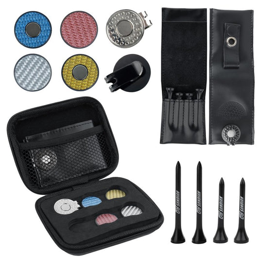 SANDIAN [Full Set], Golf Ball Markers Carbon Fiber T800 Set with Genuine Black Leather Belt Clip Tee Holder Pouch, Magnetic Hat Clips, Storage Case [Black Leather]
