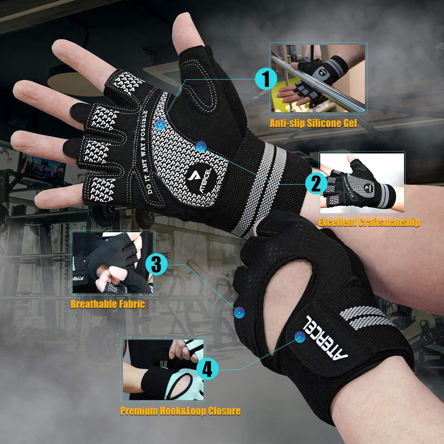 ATERCEL Weight Lifting Gloves Breathable Workout Gloves with Wrist Support for Gym, Exercise, Pull ups, Super Lightweight for Mens and Women, Full Palm Protection (Black, S)
