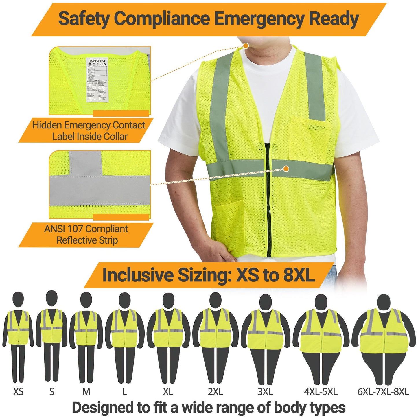 AYKRM 2 Pockets Reflective Safety Vest High Visibility Class II Mesh Vest for Women & Men Meets ANSI Standards