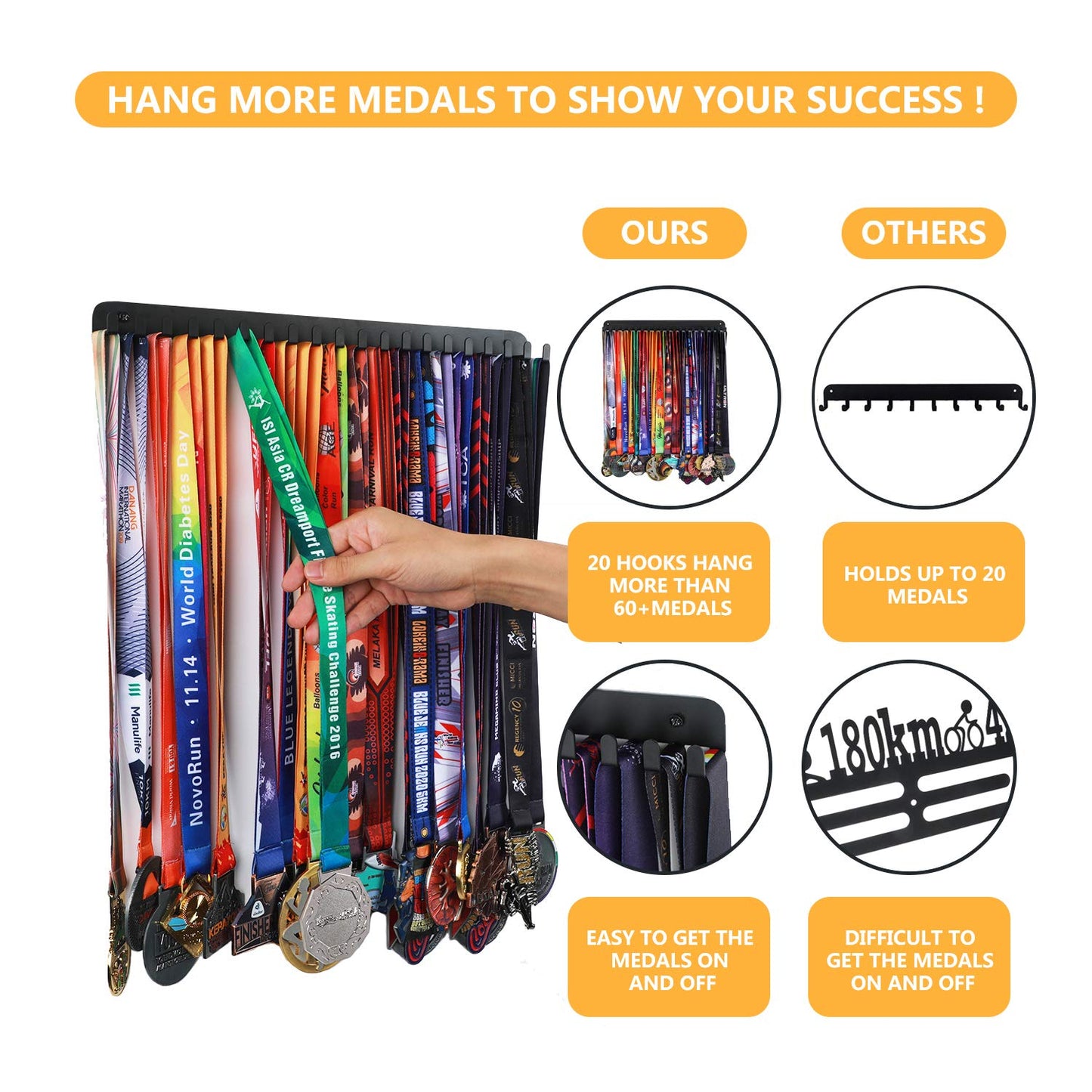 Medal Hanger Display - Wall Mount Steel Rack with 20 Hooks Holds 60+ Medals