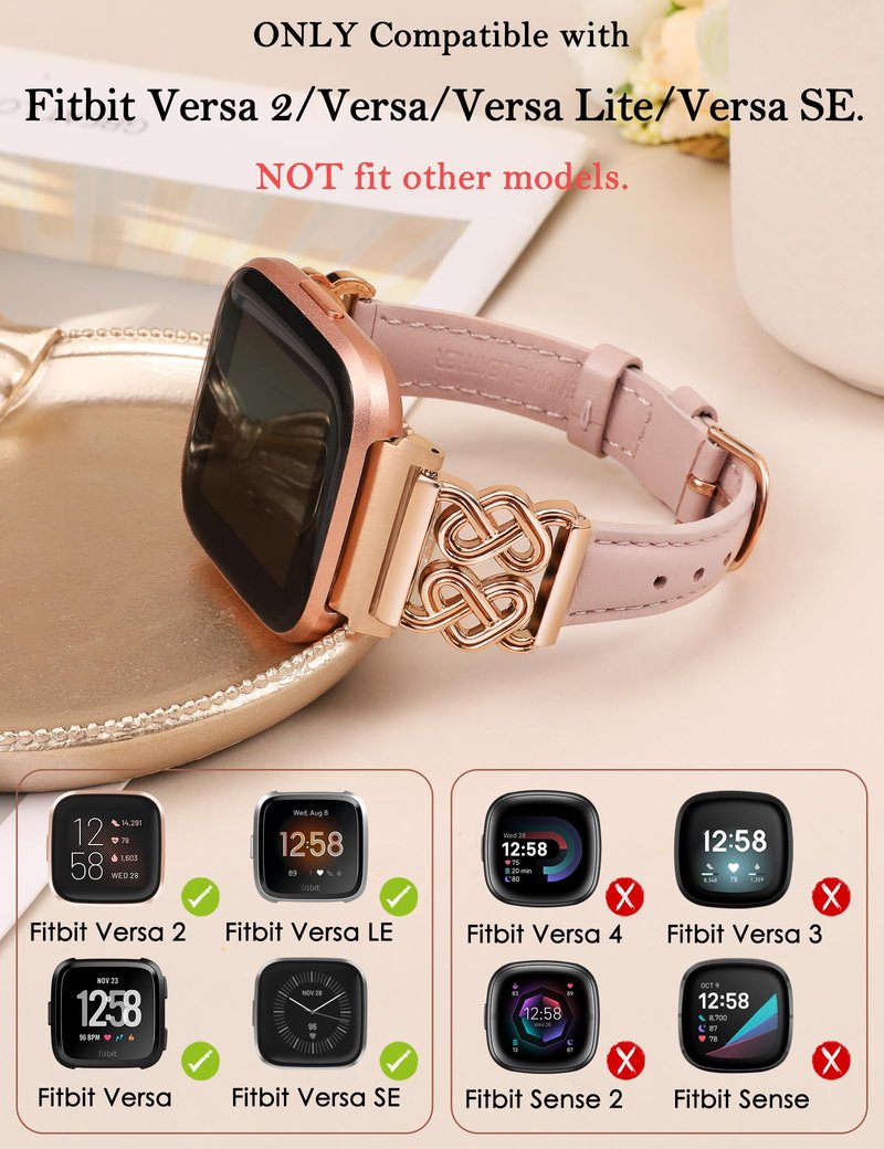 Minyee Leather Band Compatible with Fitbit Versa 2/Fitbit Versa/Versa Lite Bands Women, Dressy Slim Thin Leather Strap with Designer Celtic Heart Knot Buckle for Versa 2 Smartwatch, Pink/Rose Gold