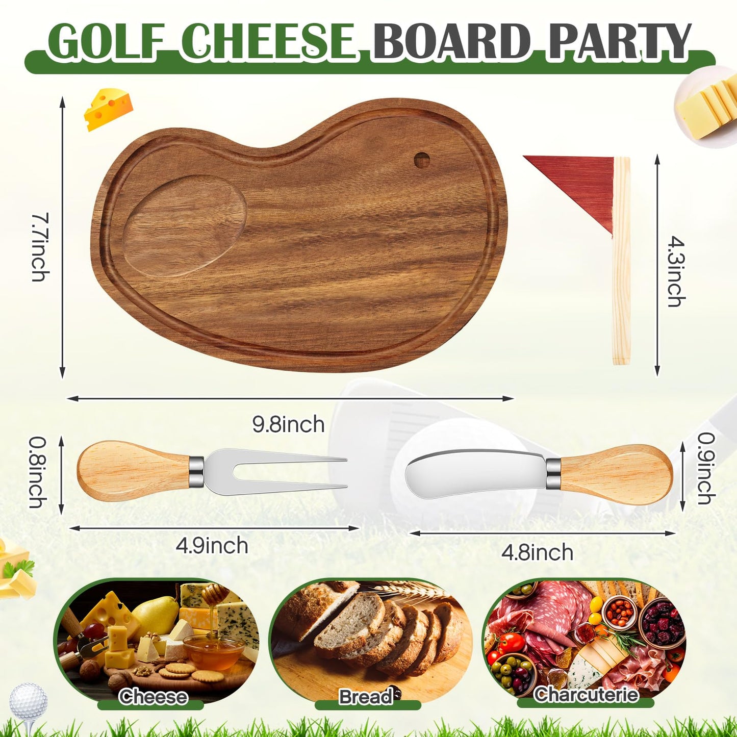 Ziliny Golf Cheese Board Gift Set Father Day Gift for Dad Party Favor Prizes Charcuterie Wood Board with Knives and Box for Party Tournament Birthday Game Game(9.8" x 7.7", Acacia Color)