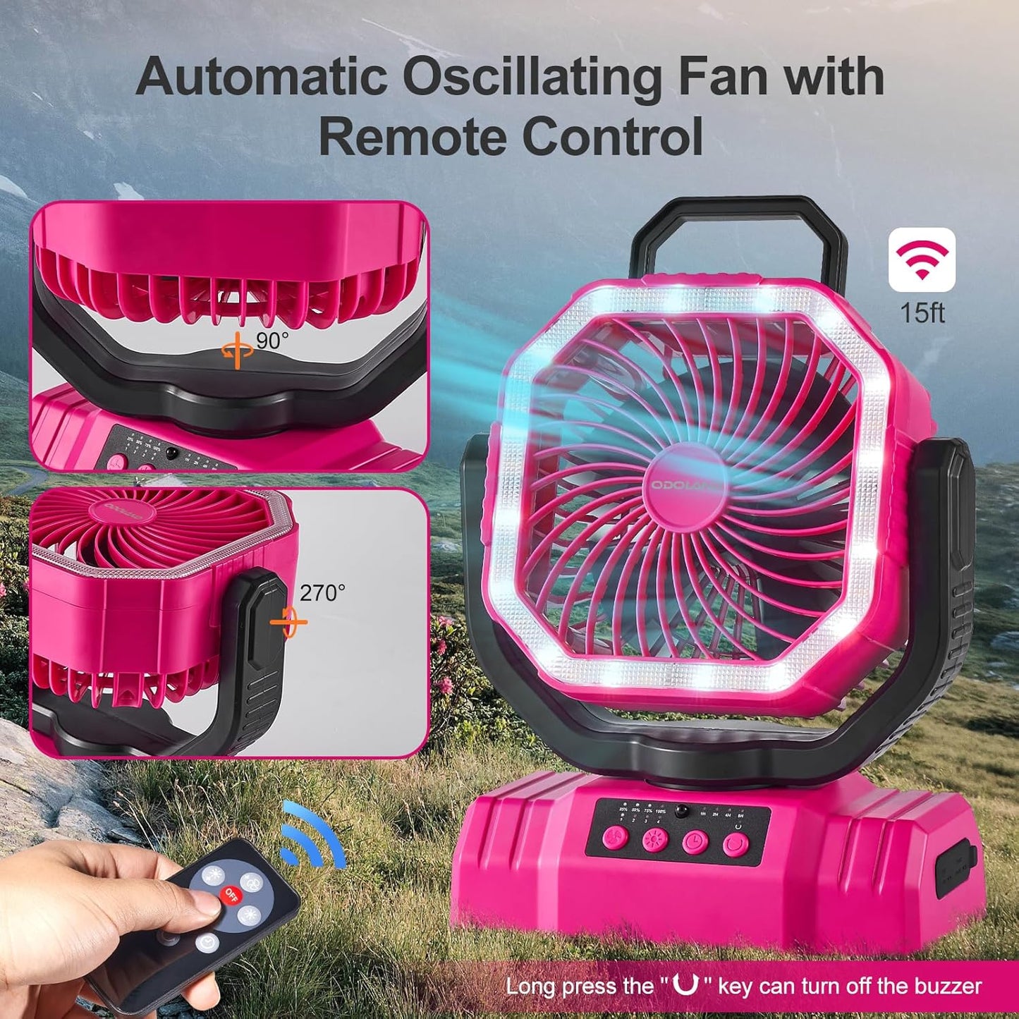 Odoland Portable Camping Fan - 20000mAh Rechargeable Battery, LED Lantern, 360° Rotation, Pink