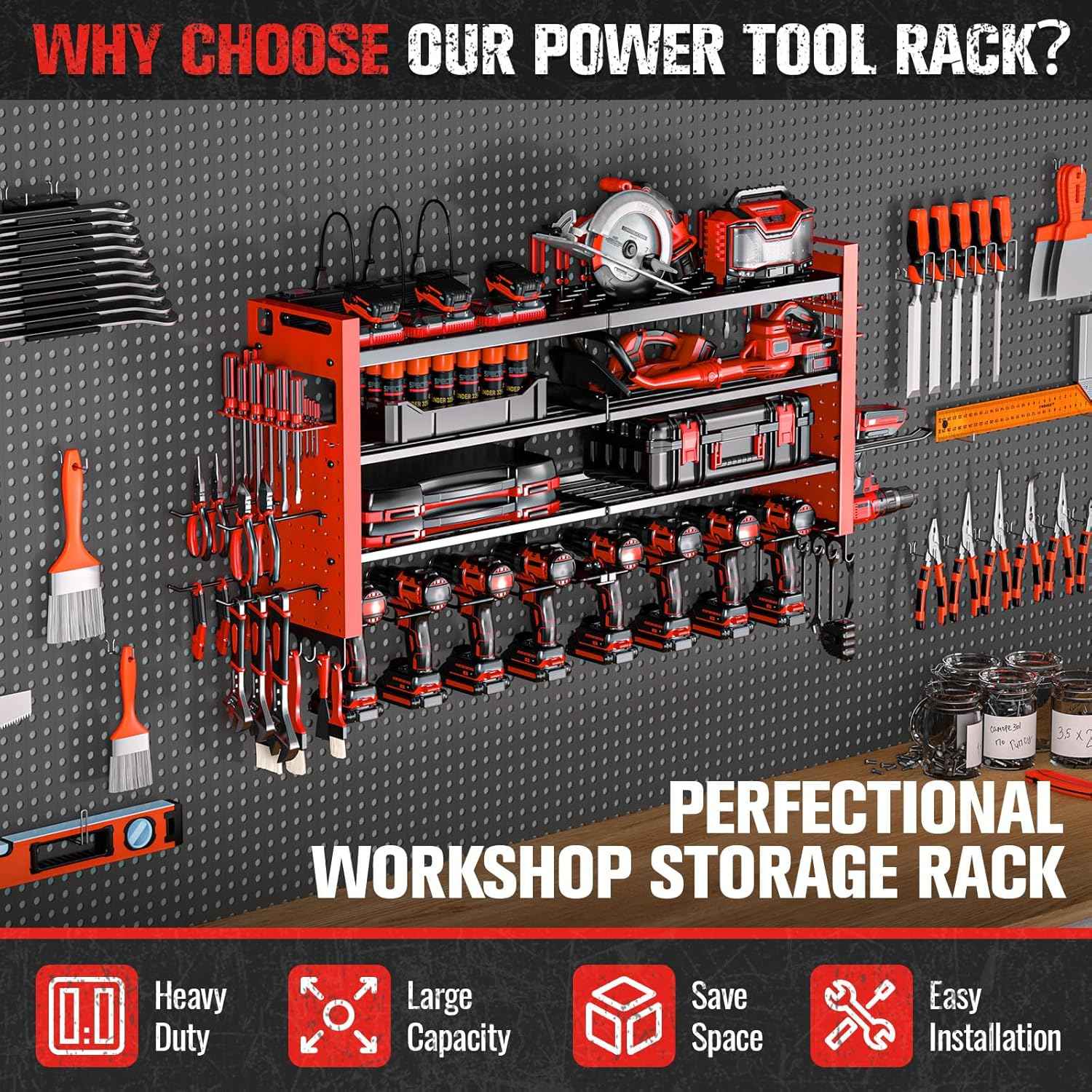 Heavy Duty Wall Mount Power Tool Organizer with Charging Station & 10 Drill Holders