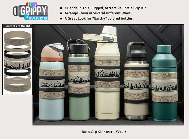 Mountain Scene Water Bottle Grip Kit - SIERRA WRAP: Regular - 7 Rugged Silicone Bands for Superior Grip, Style, & Protection.