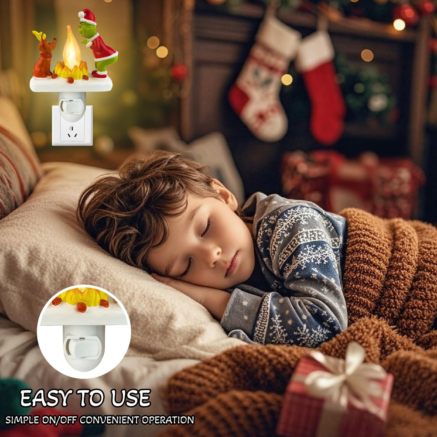 HFZCZW 2025 Christmas Night Light, Christmas Green Monster Campfire Nightlight, Eve Campfire Flickering Night Light Gifts for Family, Plug-in