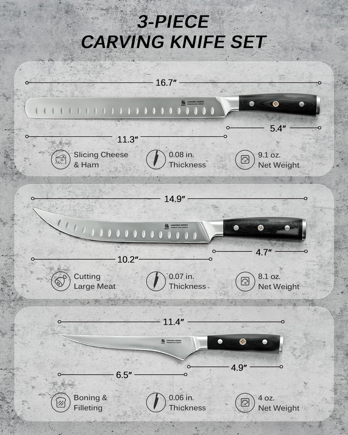 KYOKU 3pc Kitchen Knife Set, Samurai Series 6.5" Boning Knife 12" Slicing Knife 10" Butcher Knife Set, High Carbon Steel Japanese Knives with Pakkawood Handle Sheath for Meat Fruit Vegetable