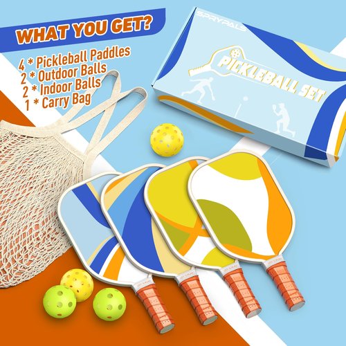 Pickleball Paddles Set of 4, Premium Wood with 4 Indoor & Outdoor Pickleball Balls and 1 Carry Bag, Pickleball Rackets with Ergonomic Cushion Grip for Beginner & Professional Gifts for Women Men Youth